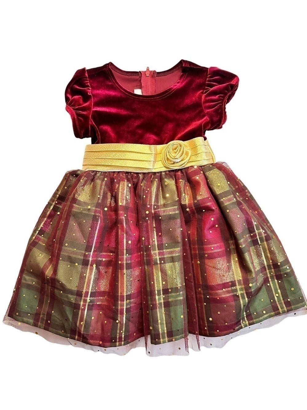 Bonnie Jean Gold Green Burgundy Velvet Plaid & Sparkle Holiday Dress Girls 2t